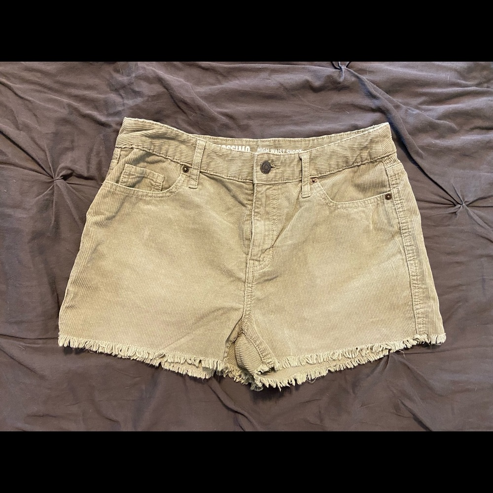 Camo green, freyed, corduroy shorts. Very soft
